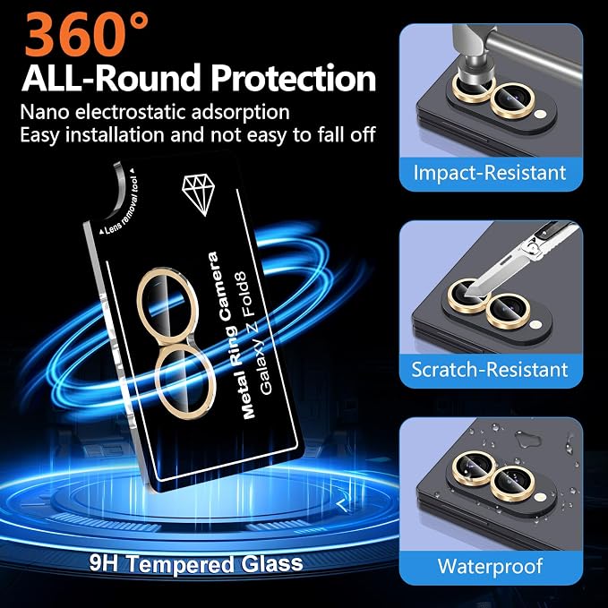 for Samsung Galaxy Z Fold 8 Camera Lens Protector, Individual Metal Ring Tempered Glass Lens Cover, [Strong Adsorption] Scratch Resistant Ultra-Thin HD Clear Lens Cover, 1 Set-Gold - Image 2