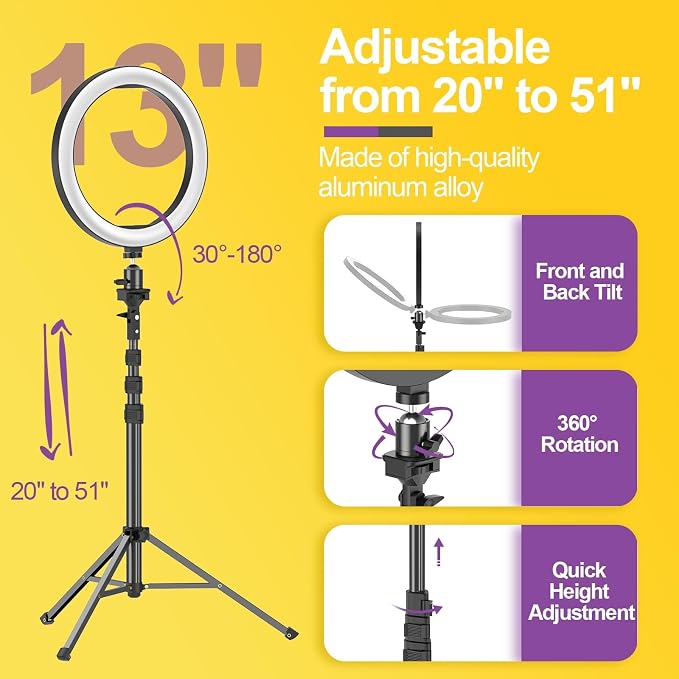EMART 13" Ring Light with 55" Extendable Tripod Stands and Phone Holder | Dimmable LED Circle Round Light for Selfie Camera Photography, Makeup, YouTube Video, Vlogging, Live Streaming - Image 3