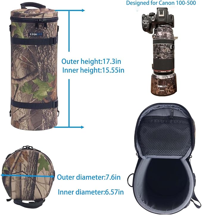 ZZQ&CCF Camera Lens Pouch Bag for Canon RF100-500mm F4.5-7.1 L is USM Lens, Large Thick Lens Carry Bag, Water Resistant Protective Case for Super-telephoto Zoom #Black Camo - Image 2