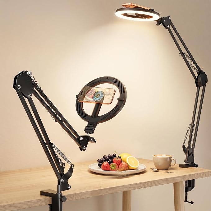 CloudValley Magnetic Overhead Phone Mount with 10" Ring Light, 5000mAh Desktop Tripod with Battery Display, Foldable LED Selfie Light with iPhone Stand for Video Recording Cooking, Live Streaming by CloudValley