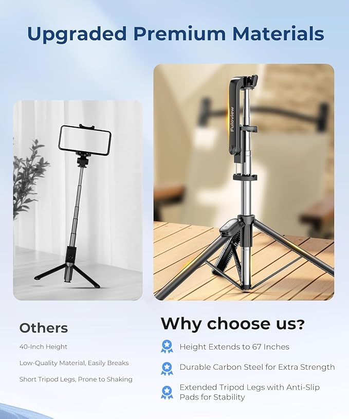 Fuloview 67” Selfie Stick Tripod for iPhone, Lightweight Travel Phone Tripod with Wireless Remote, Extendable Cell Phone Stand for Photography, Video & Live Streaming – Black - Image 6