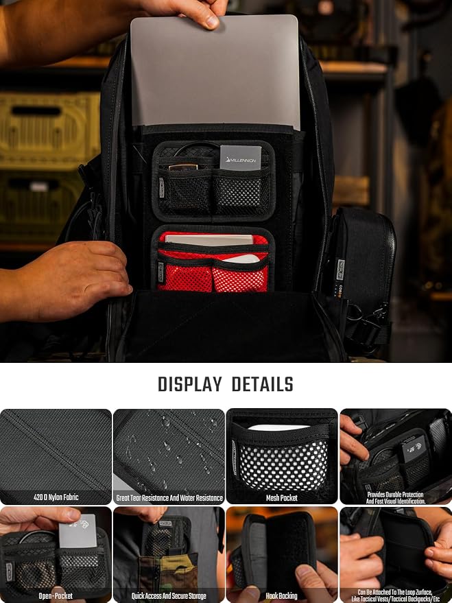 TACTICAL_GEEK TCM3 Mini EDC Organizer Board, Backpack Accessories with Open Pocket & Mesh Pocket, Utility Admin Bag Insert Panel Hook and Loop Modular Organizer for Daily Carry(Black) - Image 6