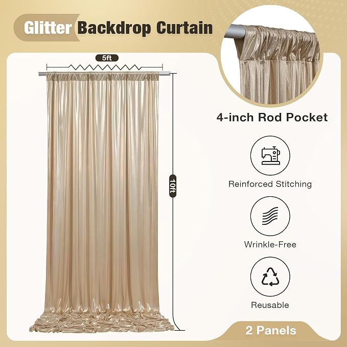 10x10FT Champagne Sequin Backdrop Curtain for Party - 2 Panels 5x10FT Wrinkle-Free Shimmer Drapes for Birthday, Wedding, Christmas, Decorations & Photography - Image 5