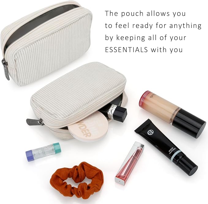 E-Tree Cute Small Makeup Bag,Cosmetic Toiletry Make up Little Items Pouch for Purse,Zipper Mini Tech Charger Cable Electronic Organizer Case,Travel Accessories for Women Men Teen,White Corduroy - Image 4