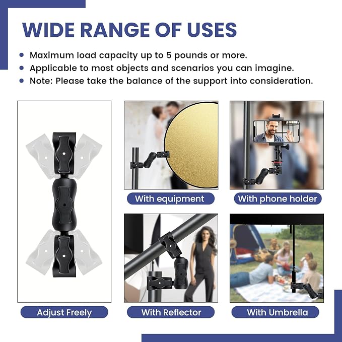 INNOLIFE Double Ball Head Camera Clamp - Adjustable Mounting Bracket with Pliers-Style Grips for Photo Studio Equipment, Light Stands, Reflectors, Monitors, and Golf Cart Crossbars（6inch） - Image 5