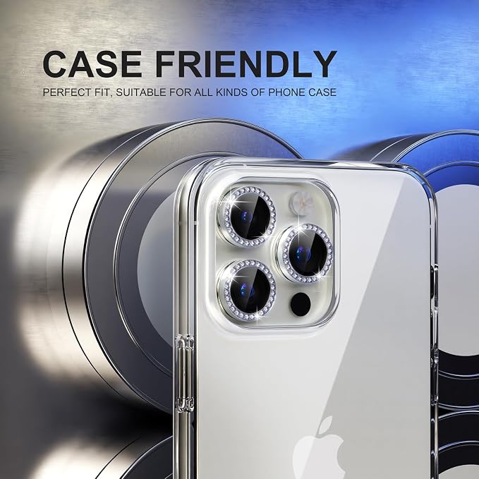 Choiche for iPhone 15 Pro/iPhone 15 Pro Max Camera Lens Protector | Ultra HD, Bling 9H Tempered Glass Camera Cover Screen Protector Metal Ring Decoration Accessories (Diamond-Silver) - Image 4
