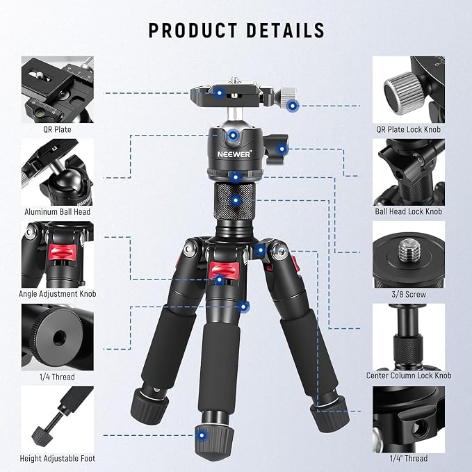 NEEWER Portable Travel Mini Tabletop Tripod, Aluminum Alloy 20''/ 50cm Desktop Desk Tripod with 360 Degree Ball Head, 1/4" Quick Shoe Plate for DSLR Camera Video Camcorder, Max Load 11 lb/5 kg - Image 7
