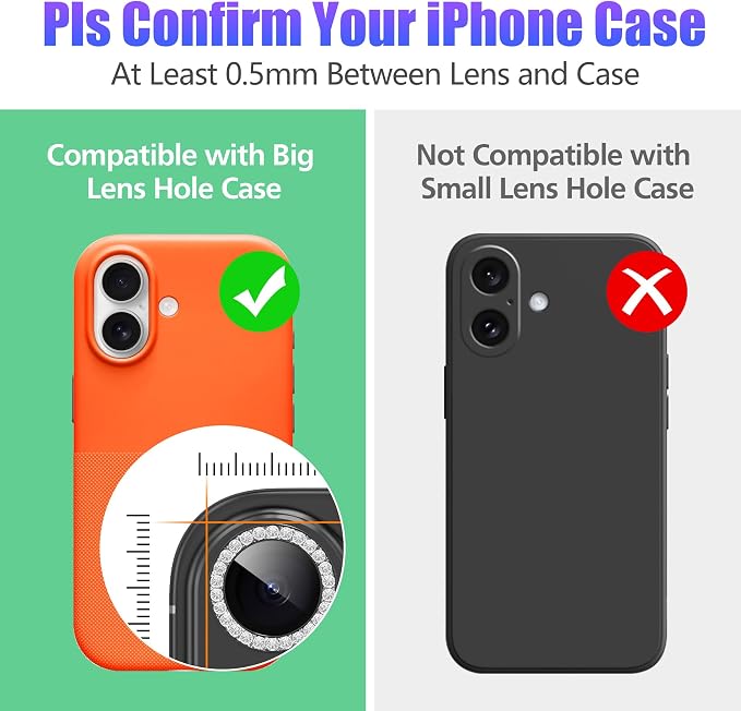 AGVEE 3+3 6 Pack for iPhone 17 Camera Lens Protector Cover | Individual Bling Diamond & Bling Glitter Sparkle Cute Gem Metal Ring, 9H Tempered HD Glass - Image 3
