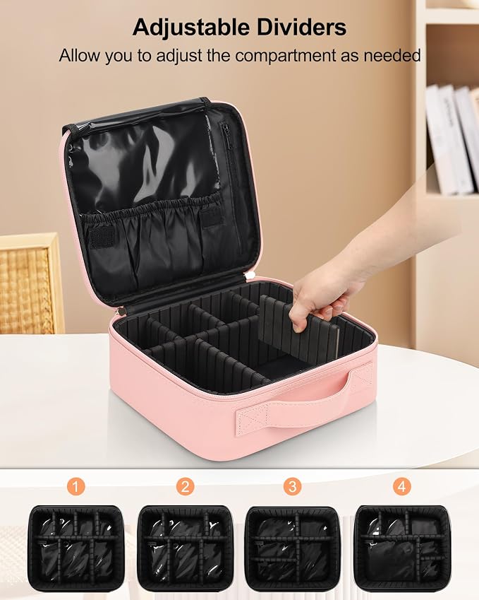 Relavel Travel Makeup Train Case Cosmetic Case Organizer Portable Artist Storage Bag with Adjustable Dividers for Cosmetics Makeup Brushes Toiletry Jewelry Digital Accessories (Pink) - Image 2