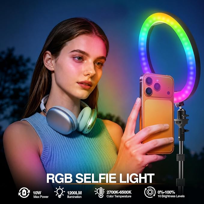EMART 10'' Ring Light with 51'' Extendable Tripod Stand & Phone Holder | 16 RGB Colors 13 Dynamic Modes & 10 Brightness Levels Selfie Ringlight with Bluetooth Remote for Recording, Streaming, Makeup - Image 3