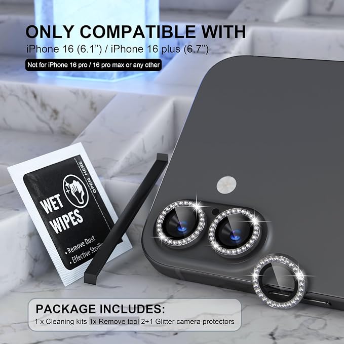 Choiche for iPhone 16/16 Plus Camera Lens Protector Bling, Diamond-Black | Ultra HD, 9H Tempered Glass Camera Cover Screen Protector Metal Individual Ring Decoration Accessories, 2-Lens, 6.1/6.7-inch - Image 2