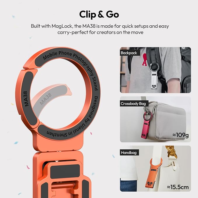 ULANZI MA38 Magnetic Phone Tripod for iPhone, Portable Phone Holder Orange | Portable Phone Tripod for Magsafe w Foldable Hook Double-Sided 1/4'' Screw for Travel Vlog Selfie iPhone 17/16/15/14/13 - Image 7