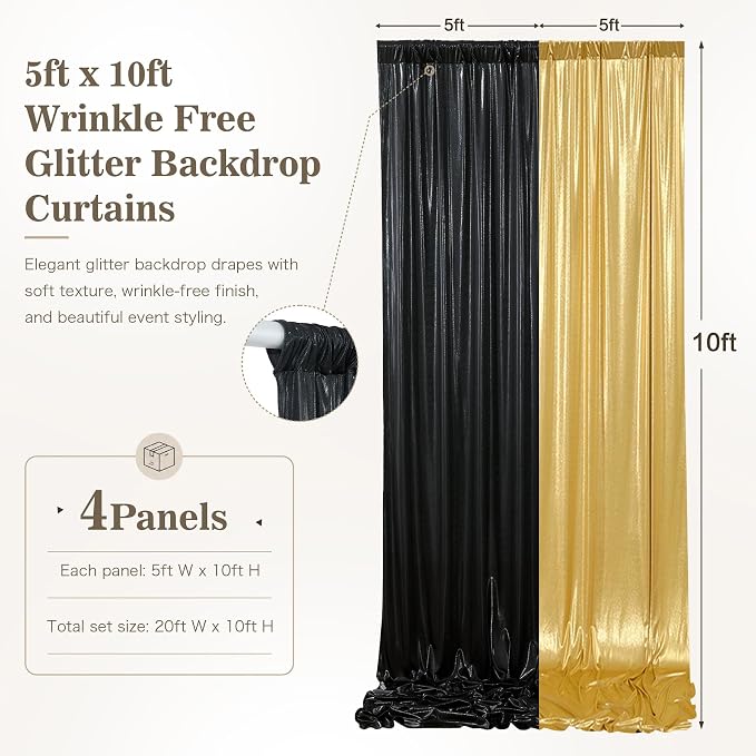 20ft x 10ft Gold Black Sequin Backdrop Curtain for Parties, Wrinkle Free Glitter Photo Backdrop Drapes 4 Panels 5x10ft Back Drop Cloth for Wedding Photography Background - Image 6