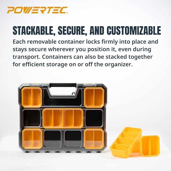 POWERTEC Small Parts Organizer & Tool Box – 20 Compartments, IP65 Water & Dust Protection, Stackable Storage with Interlocking Latch, Removable Bin, Divider, Clear Lid, Portable Design, 2PK (72366-P2) - Image 5