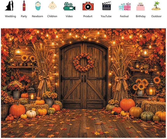Rustic Barn Wooden Door Fall Backdrop 7x5ft Brick Wall Maple Leaf String Light Thanksgiving Background Pumpkin Sunflower Haystack Harvest Autumn Famliy Party Decorations Vinyl - Image 2