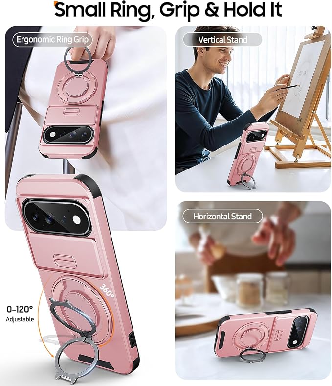 JAME for Google Pixel 10/10 Pro/11/11 Pro Case, Stand & Slide Camera Cover | Ring Holder Kickstand, Screen Protectors, Dual-Layer Shockproof Protective, Magnetic Accessory Friendly Phone Case, Pink - Image 3