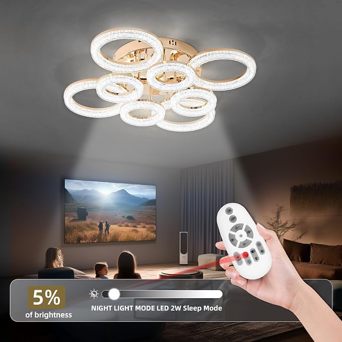 Modern Ceiling Light, 8 Rings 26.8'' Dimmable LED 106W Flush Mount Ceiling Lights with Remote Acrylic Crystal Round Ceiling Light Fixture, Bedroom Living Room Dining Room, Gold - Image 6