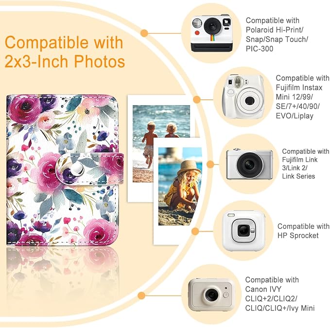 Vintage Rose Floral Small Photo Album for 2x3 In Films, 56 Pocket | Mini Cute Picture Book, Wallet Size, for Polaroid Fujifilm Instax Mini Instant Camera Printer, Kpop Photocard Binder Holders - Image 3