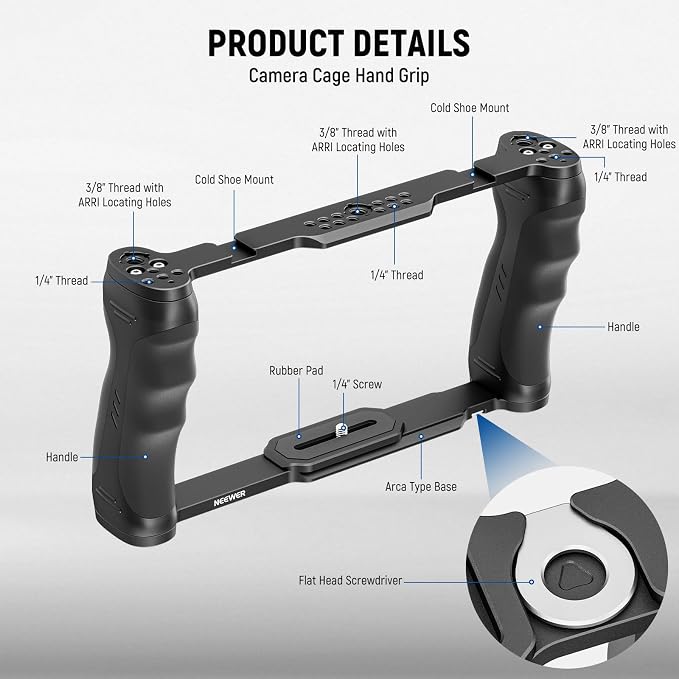 NEEWER Universal Camera Cage & Top Handle with 3/8" ARRI Locating Pins Kit, Video Rig Camera Stabilizer with Arca Type Base, Dual Handgrips, Compatible with SmallRig Accessories, CA016T | Video Rig Camera Stabilizer, Locating Pins for ARRI, Arca Type B... - Image 2