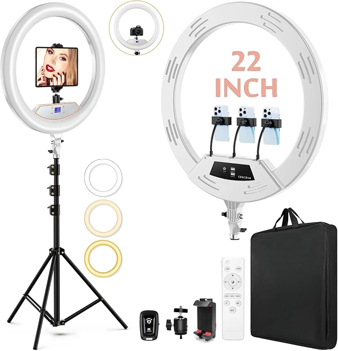 MACTREM White 22" Ring Light for iPad iPhone with 75" Tripod Stand Barber | LCDisplay,2 Usb Ports, Fits Ipad/Tablet 12.9", 2600k-6500k Color Temperature, For Barber/Tattoo Tiktok Video Recording Vlog by MACTREM