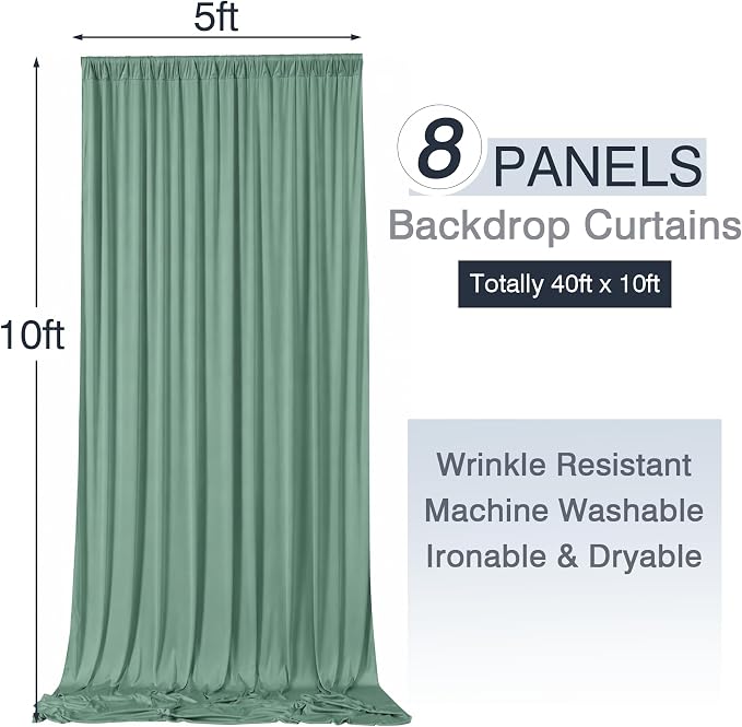 40ftx10ft Wrinkle Free Sage Green Backdrop Curtains for Parties, 8 Panels 5x10ft Silky Polyester Photo Backdrop Drapes Back Drop Cloth Drapery for Wedding Birthday Photography Background - Image 6