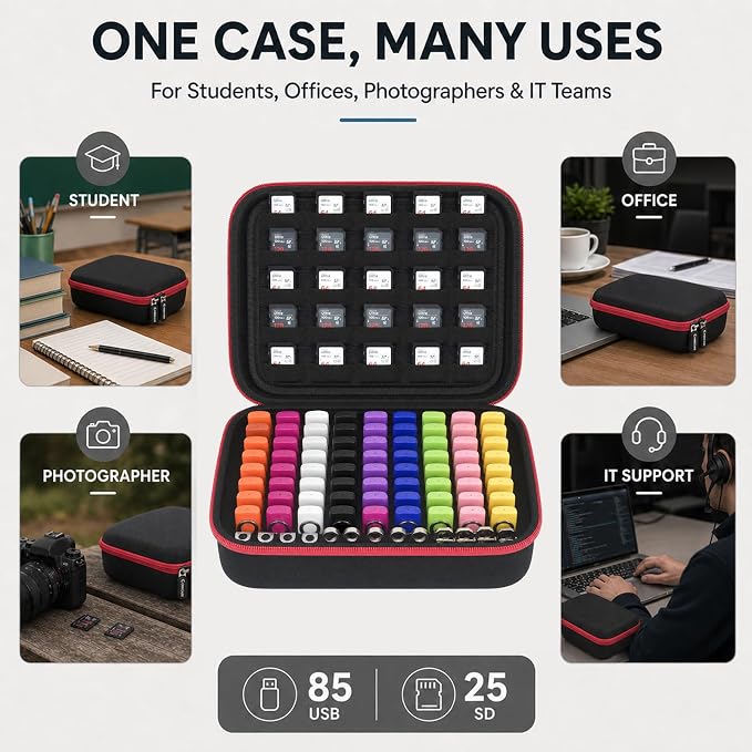 Comecase USB Flash Drive Case, Holds 85 USB Drives and 25 SD Cards | Pre-Cut Foam Stores 85 USB & 25 SD Cards; EVA Hard Shell, Black+Red Zipper, X-Large, Case Only - Image 8