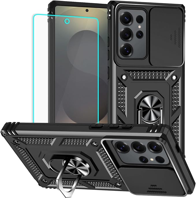 HNHYGETE for Samsung Galaxy S25 Ultra Case with Screen Protector: [Military Grade 20ft. Drop Tested] Slide Camera Cover Ring Shockproof Protective Phone Case for - Galaxy S25 Ultra (Black) by HNHYGETE