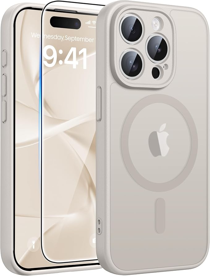 FNTCASE for iPhone 15 Pro Max Case, Fit for Magsafe, Glass Screen Protector | Full Camera Protection, Translucent Matte, 14FT Military Grade Drop Proof, Shockproof Protective Phone Cover, Off White by FNTCASE