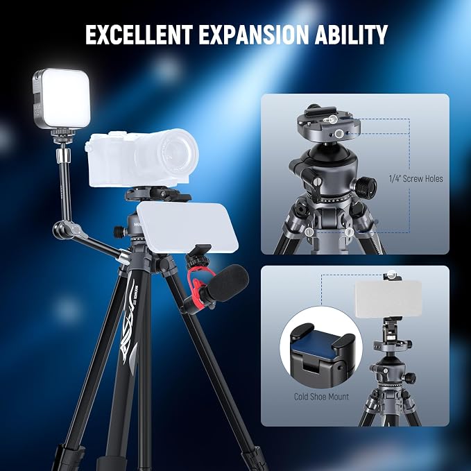 NEEWER LITETRIP LT07 61" Aluminum Travel Tripod for Camera | Pan Tilt Low Profile Ball Head, Arca QR Plate Compatible with PD Tripod Plate, Dual Center Axis, Phone Holder, Max Load 22lb - Image 5