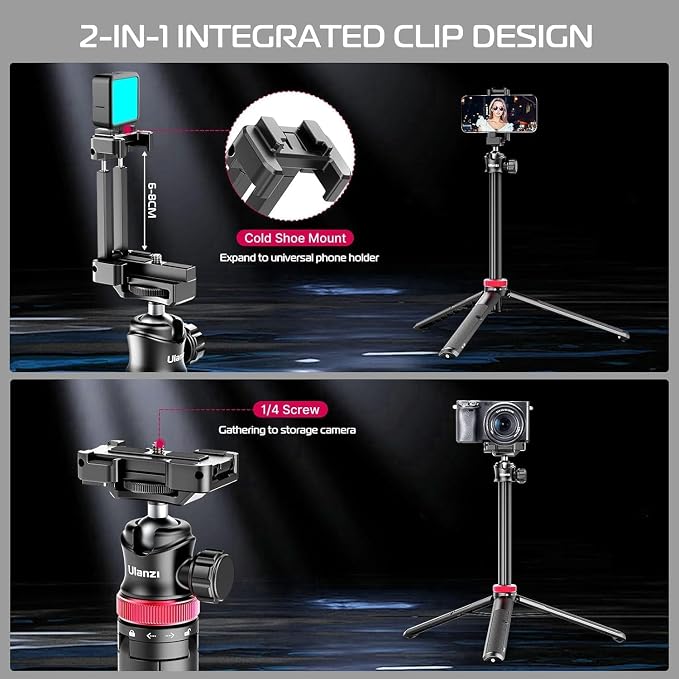 ULANZI MT-44 Auto Open Phone Tripod, 59" Extendable Selfie Stick Vlog Stand | 2-in-1 Phone Clip, Cold Shoe, 360° Ball Head Camera Tripod for iPhone Sony DJI Osmo Pocket 4 Nano Luna, Portable for Travel - Image 6