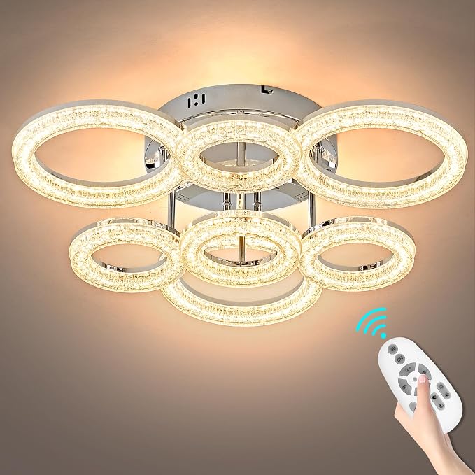 Modern Ceiling Light, 7 Rings 23'' Dimmable LED 106W Flush Mount Ceiling Lights with Remote Acrylic Crystal Round Ceiling Light Fixture, Bedroom Living Room Dining Room, Chrome - Image 9