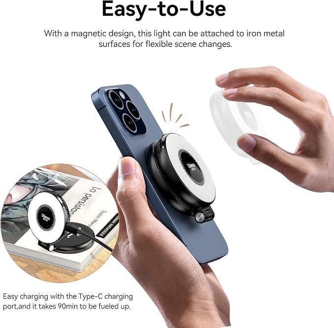Fill Light Magnetic LED Phone Light Attachment Selfie Ring Light Brightness | LM19 Magnetic Phone Fill Light Adjustable Compatible with iPhone Smartphone Vlogs/Photography/Video Conference Color Black - Image 5