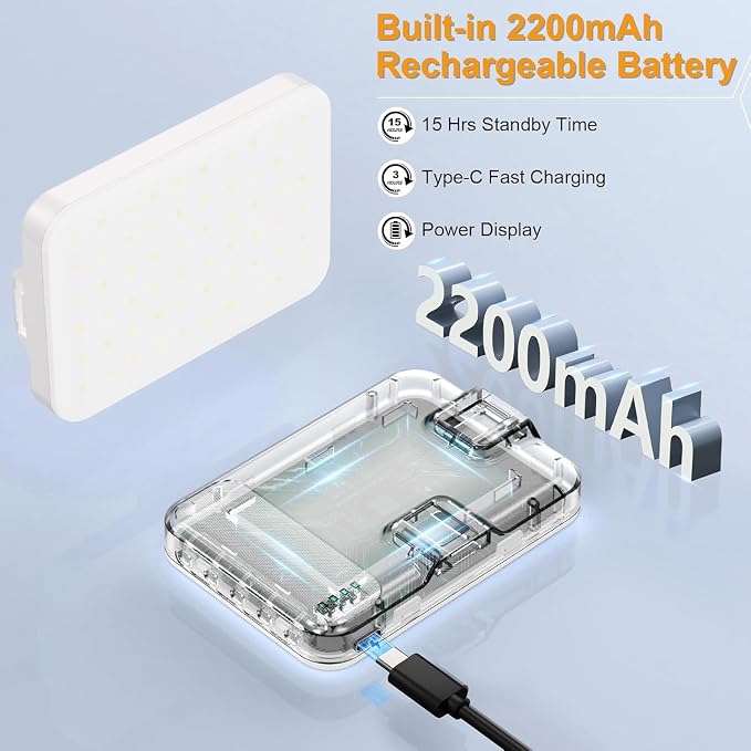 Selfie Light, LED Camera Light Video Lights 60 LED 2200mAh Rechargeable Phone Light 7 Modes, 10-Level Brightness, Portable Clip on Light for Phone/Tablet/Laptop White - Image 2