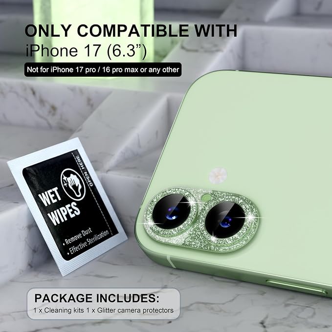 Choiche for iPhone 17 Camera Lens Protector, Glitter-Sage | Bling Metal Camera Cover with 9H Tempered Glass Lens Screen Protector Accessories, Strong Adsorption, Case-Friendly - Image 2