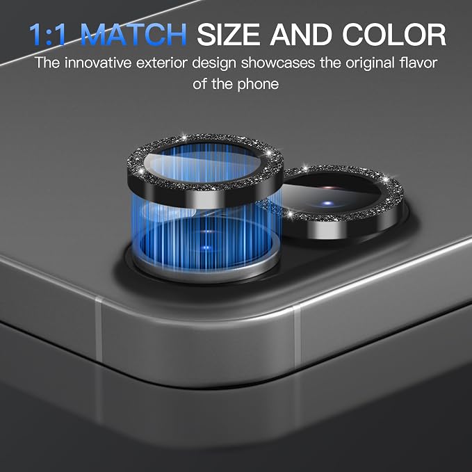 Suoman for iPhone 17 Camera Lens Protector, Bling Glitter Independent Metal Crystal Tempered Glass Camera Lens Cover [Strong-Adhesion][Does not Affect Night Shots] -Black - Image 6