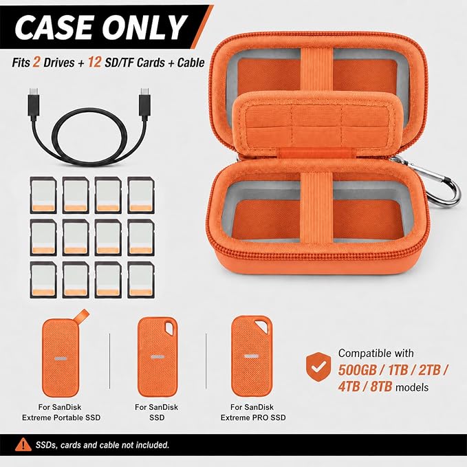 Comecase Dual SSD Case for SanDisk Extreme Portable SSD and Extreme PRO | Holds 2 Drives & 12 SD Cards, Elastic Strap Fit 500GB/1TB/2TB/4TB/8TB, Cable Groove & Carabiner for Travel, Orange, Box Only - Image 2