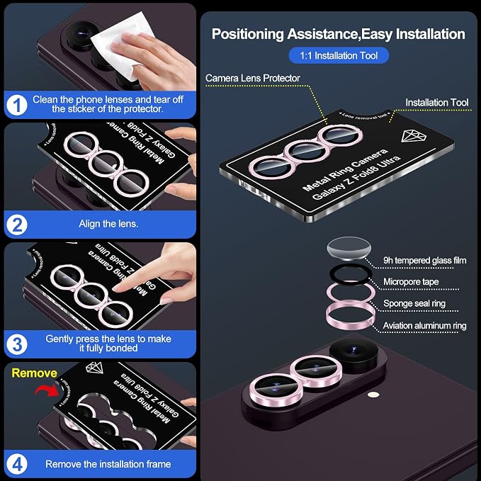 for Samsung Galaxy Z Fold 8 Ultra Camera Lens Protector, Individual Metal Ring Tempered Glass Lens Cover, [Strong Adsorption] Scratch Resistant Ultra-Thin HD Clear Lens Cover, 1 Set-Pink - Image 7