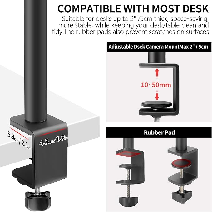 Camera Desk Mount Table Stand with Ball Head, Adjustable Light Stand with 1/4" Screw & C Clamp for DSLR Camera, Ring Light, Live Streaming, Photo Video Shooting - Image 7