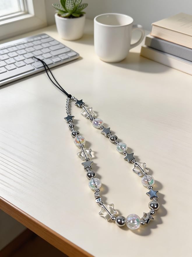2 Pcs Phone Charm Strap Hand Wrist Strap Camera Lanyard Pearl Beaded Cute Chain String Accessories Universal for iPhone 17 Pro Max 16 15 14 for Samsung Women Girls Keychain Bag Autumn Crystal and Star - Image 9