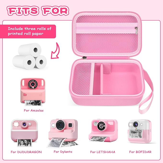 Boobowl Kids Instant Print Camera Case for Dylanto, for Gofunly Cameras | 3 Included Paper Rolls, Adjustable Divider, Mesh Pocket and Shoulder Strap for Kid Travel, Photo Storage, Box Only - Pink - Image 2