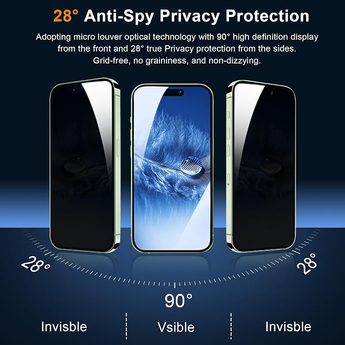 QHOHQ 3 Pack Privacy Screen Protector for iPhone 15 Plus [6.7 Inch] with 3 Pack Camera Lens Protector, Anti Spy Tempered Glass Film, 9H Hardness, HD, Bubble Free, Case Friendly - Black - Image 2
