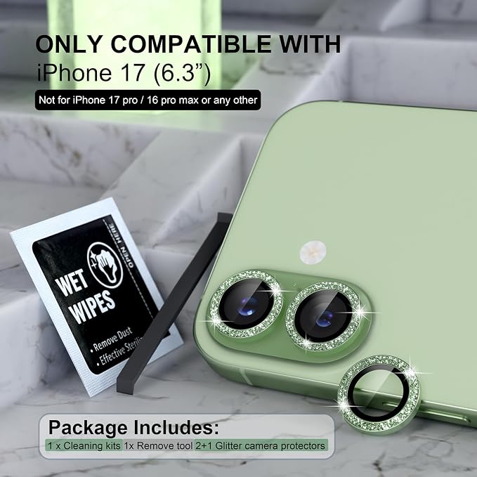 Choiche for iPhone 17 Camera Lens Protector Bling, Glitter-Green | Ultra HD, 9H Tempered Glass Camera Cover Screen Protector Metal Individual Ring Decoration Accessories, 2-Lens, 6.3-inch - Image 2