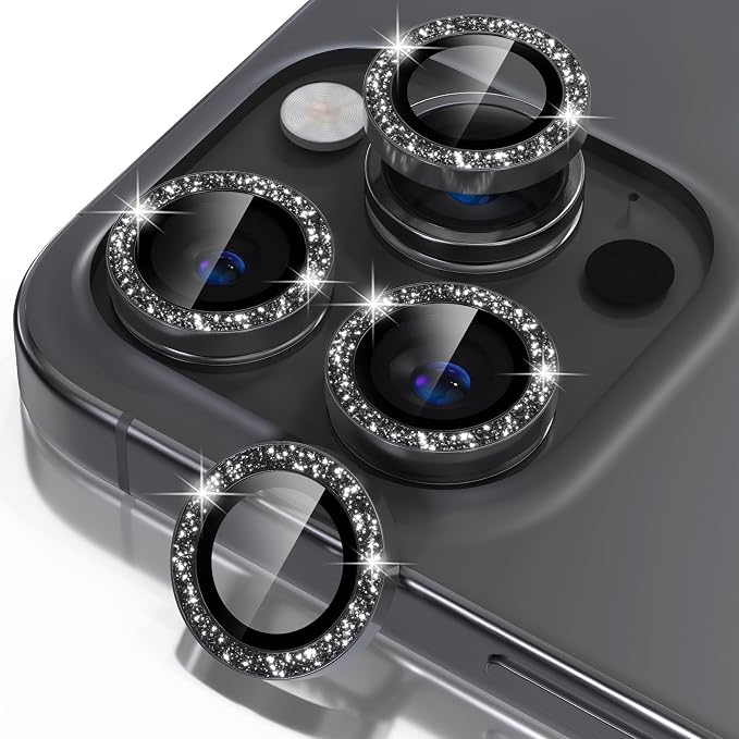 Misea Compatible for iPhone 16 Pro/iPhone 16 Pro Max Camera Lens Protector | 9H Tempered Glass Ultra HD Bling Camera Screen Protector Cover Metal Individual Ring Decoration Accessories, Black Glitter by Misea