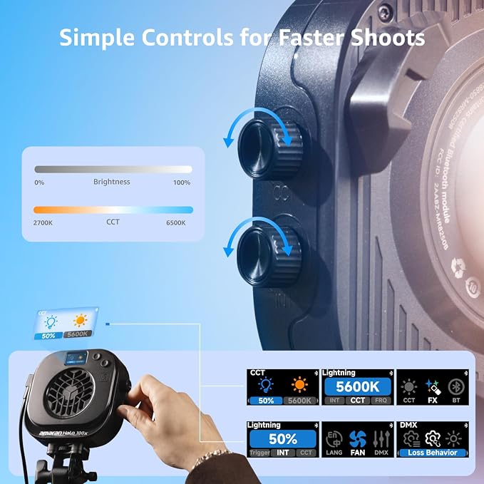 amaran Halo 100x Portable Video Light,100W Bi-Color COB Light | CRI 96+, TLCI 97+ APP Control 2,700K-6,500K Bowens Mount LED Studio Lighting for YouTube Vlog Recording Photography Light - Image 4