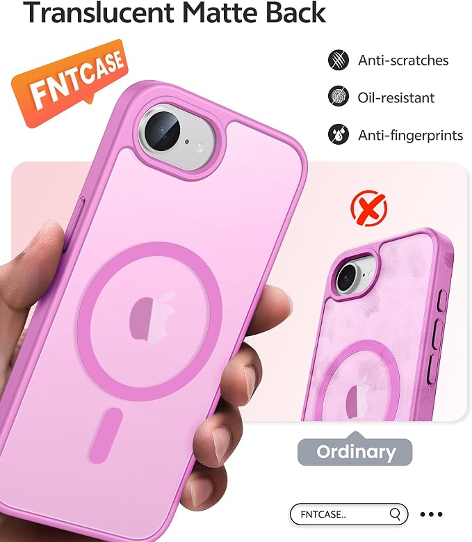 FNTCASE for iPhone 17e/ iPhone 16e Case, Fit for Magsafe, Screen Protector | Translucent Matte Magnetic Back, 14FT Military Grade Drop Protection, Shockproof Protective Phone Cover, Pink - Image 6