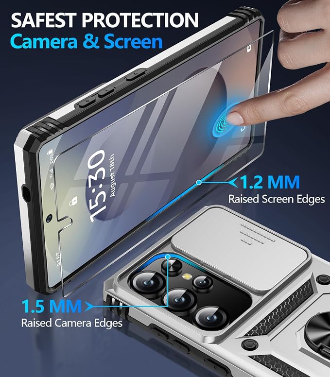 Taisairu for Samsung Galaxy S25 Ultra Case with Screen Protector & Slide Camera Lens Cover, Built-in Magnetic Ring Stand Shockproof Protective Phone Case for Samsung S25 Ultra Case (Silver) - Image 7