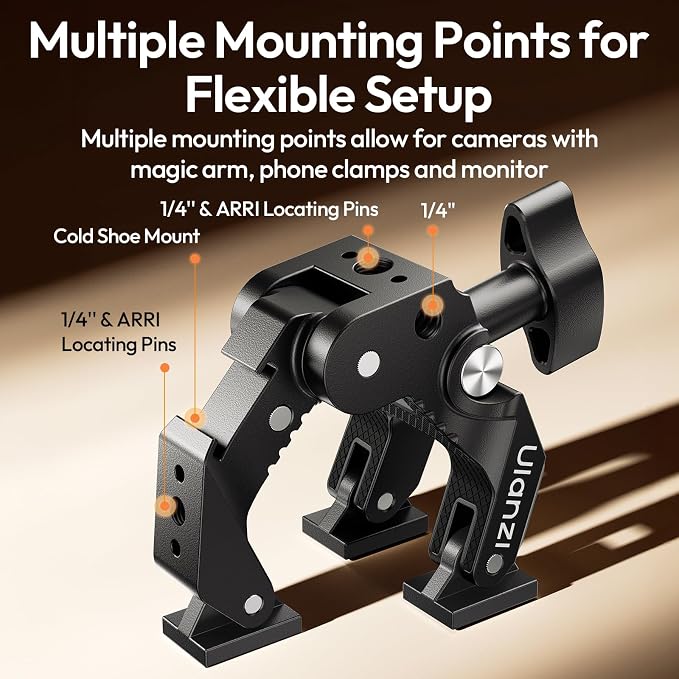 ULANZI CO78 Super Clamp Mount, 3-Jaw Y-Shape Super Clamp with Cold Shoe | & 1/4"-20 Threads,ARRI Pins, Heavy Duty Camera Rig Mount for Monitors, LED Lights, Action Cameras, Desktop Rig, Load - Black - Image 4