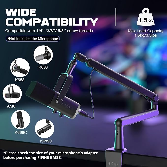 FIFINE BM88 Low Profile Microphone Boom Arm Stand for Gaming Streaming | Adjustable Stick Stand, Desk Mount Clamp, Cable Management, Screw Adapter, for Podcast Streaming Gaming - Image 4