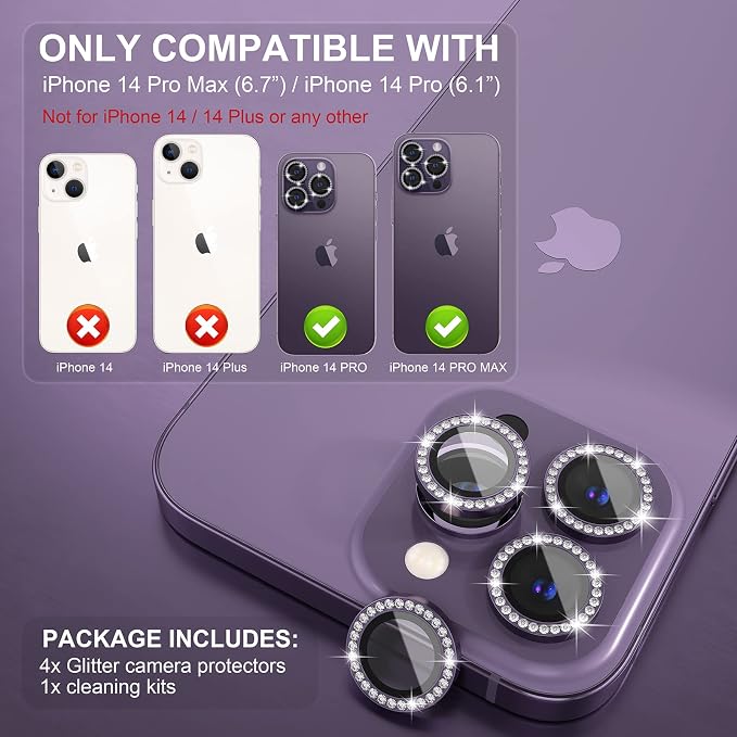 Choiche for iPhone 14 Pro/iPhone 14 Pro Max Camera Lens Protector | Ultra HD, Bling 9H Tempered Glass Camera Cover Screen Protector Metal Ring Decoration Accessories (Diamond-Purple) - Image 2