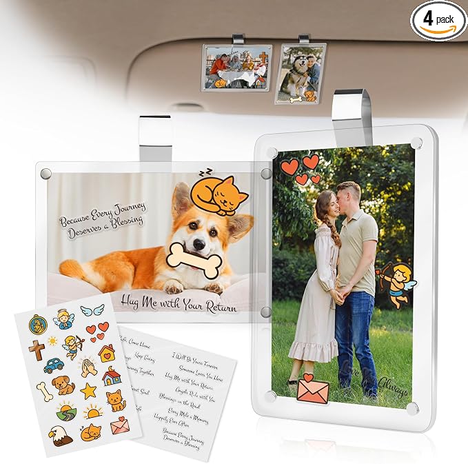 2Pcs Car Picture Holder for Sun Visor,Clear Acrylic & Strong Magnetic Car Visor Photo Clip with Safe Driving &Guardian Icons Stickers, Cute Car Accessories,Gift for Family & Friends (2.4x3.5) by Unknown